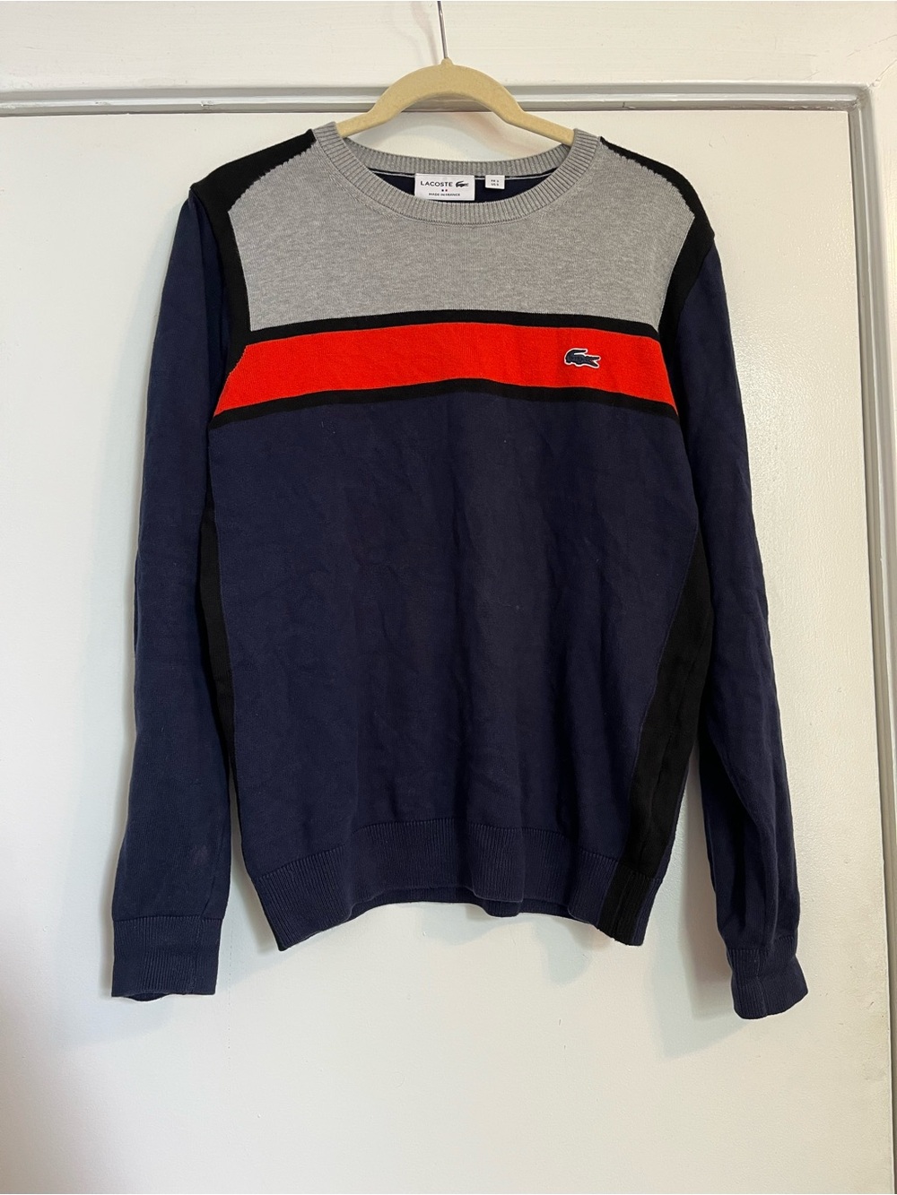 Lacoste Navy Blue, Gray Orange red Red Colorblock Crewneck Sweater small 3